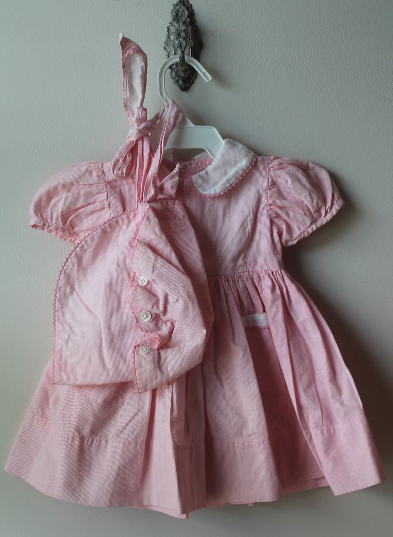 1950s Vintage Girls Dress and Bonnet, Vintage Baby Girl Pink Dress and Bonnet, Vintage Baby Dress... | Etsy (US)