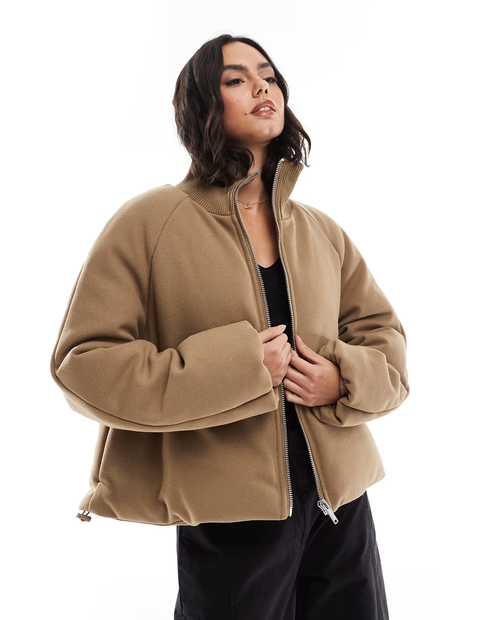 ASOS DESIGN knit collar clean puffer jacket in mushroom | ASOS (Global)