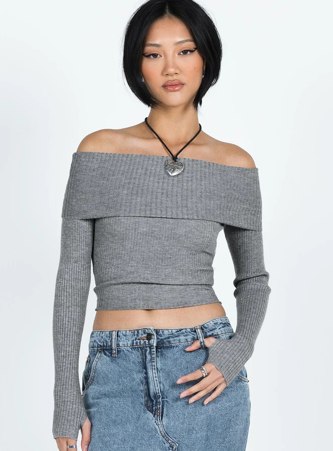 Morley Off Shoulder Sweater Grey Marle | Princess Polly US