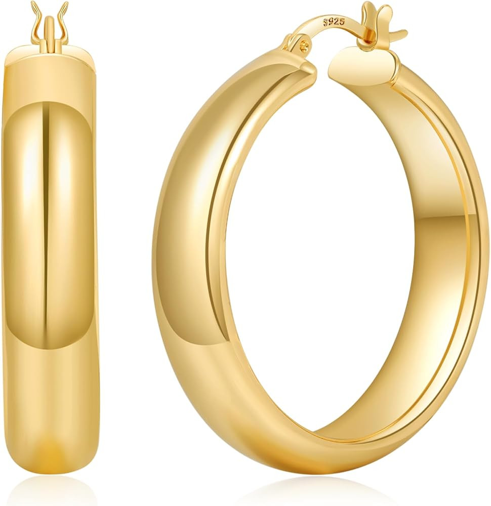 8mm Wide Chunky Gold Hoops 14K Real Gold Plated Hypoallergenic 925 Sterling Silver Hoops Lightwei... | Amazon (US)