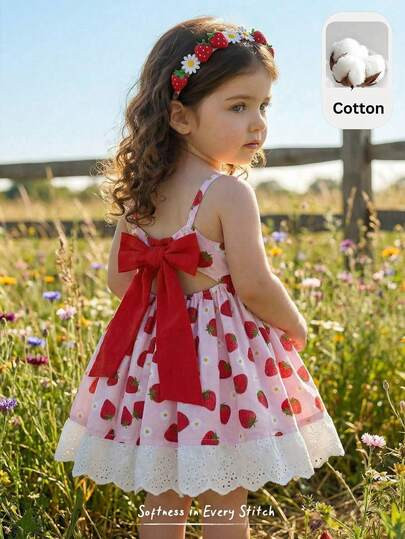 Cozy Pixies Baby Girl Strawberry Pattern Contrast Color Bow Tie Square Neck Short Sleeve Cinched ... | SHEIN