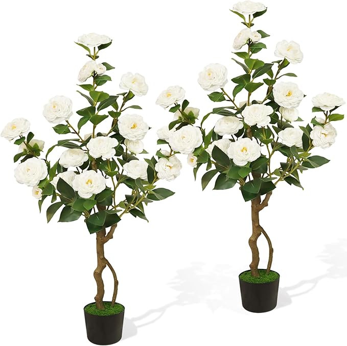 Artificial Camellia Tree 2 Pack, 42'' Faux Camellia Plant in Pot with 24 Blooming Flowers, Fake G... | Amazon (US)
