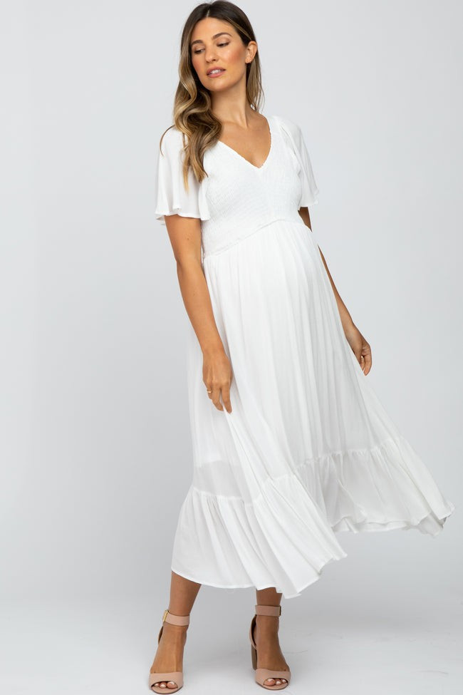 Ivory Smocked V-Neck Maternity Midi Dress | PinkBlush Maternity