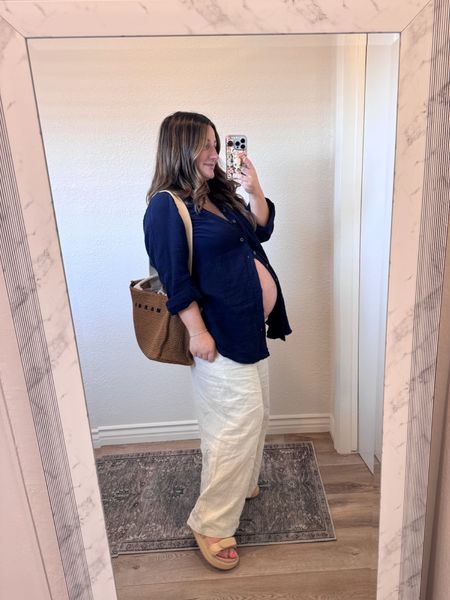 Maternity outfit idea! 

Button down size xs (runs big- size down)
Linen pants size medium short
Sandals run true to size

Maternity fashion, summer essentials, Free People, linen 

#LTKStyleTip #LTKBump #LTKTravel
