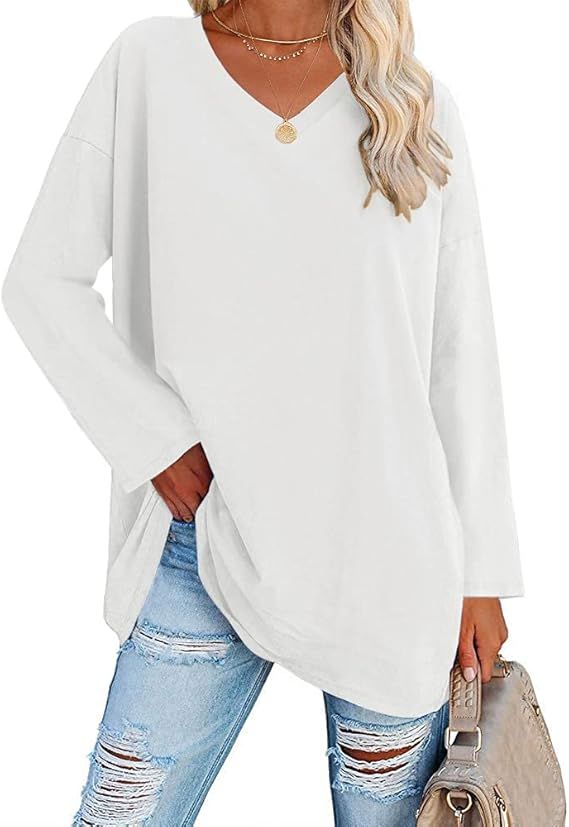 Ebifin Women's Oversized Long Sleeve Tops V Neck Loose Casual Tunics T Shirts | Amazon (US)