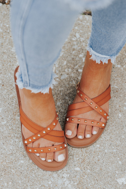 Catalina Cognac Studded Strappy Slide Sandals | Magnolia Boutique