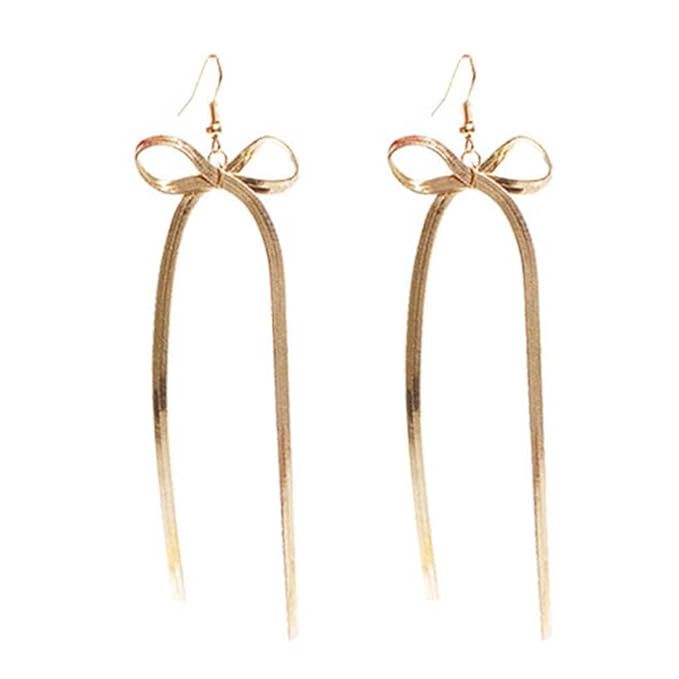 DoubleNine Bow-Knot Ribbon Drop Dangle Earrings Handmade Gold Minimal Snake Chain Textured Christ... | Amazon (US)
