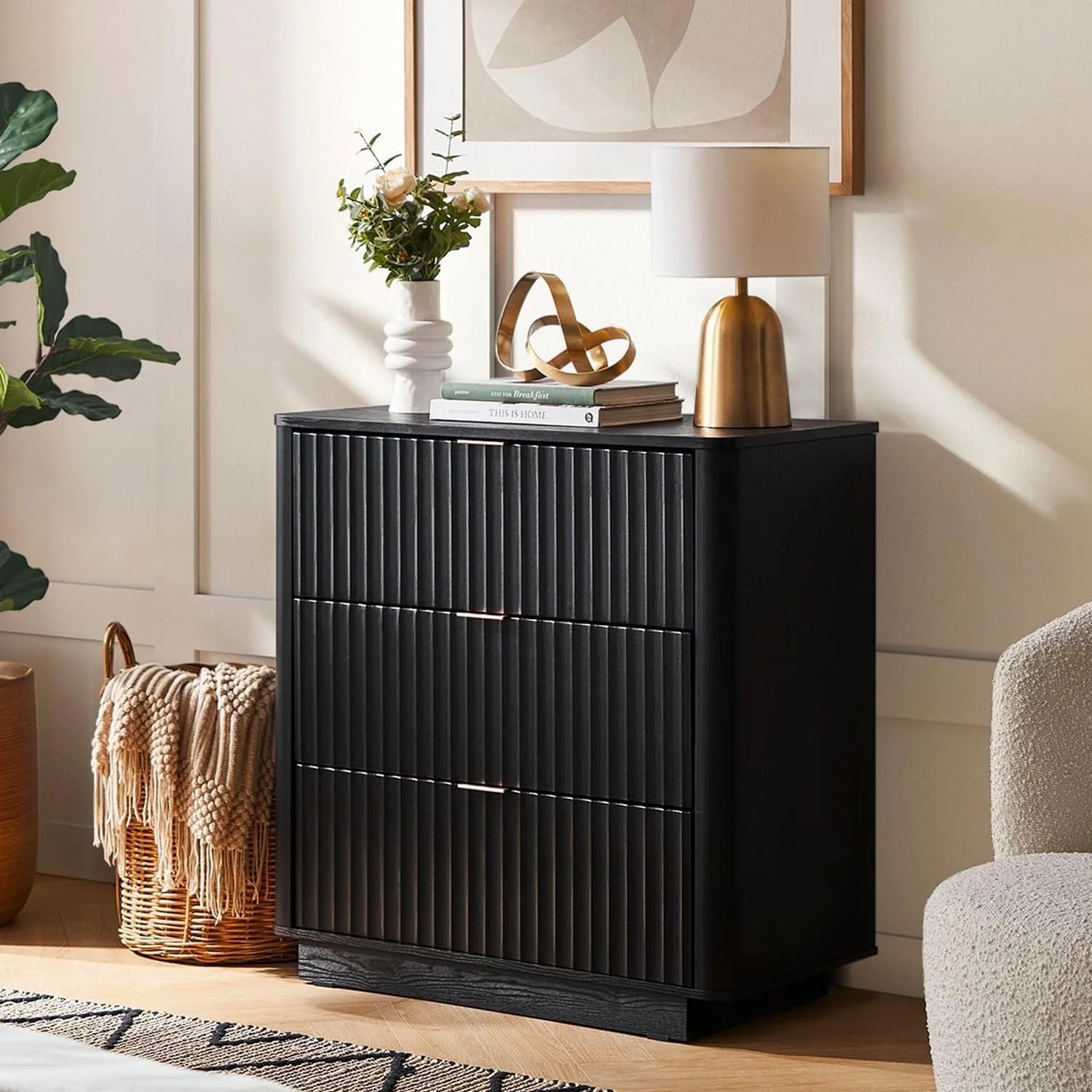 Mopio Brooklyn 3-Drawer Mid-Century Modern Waveform Panel Dresser with Anti-Tipping, Black Oak | Walmart (US)