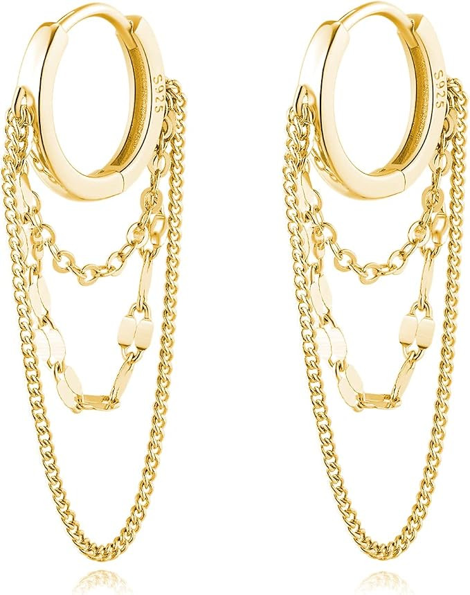 Reffeer 925 Sterling Silver Chain Drop Earrings Hoop for Women Teen Girls Tassel Chain Hoop Earri... | Amazon (US)