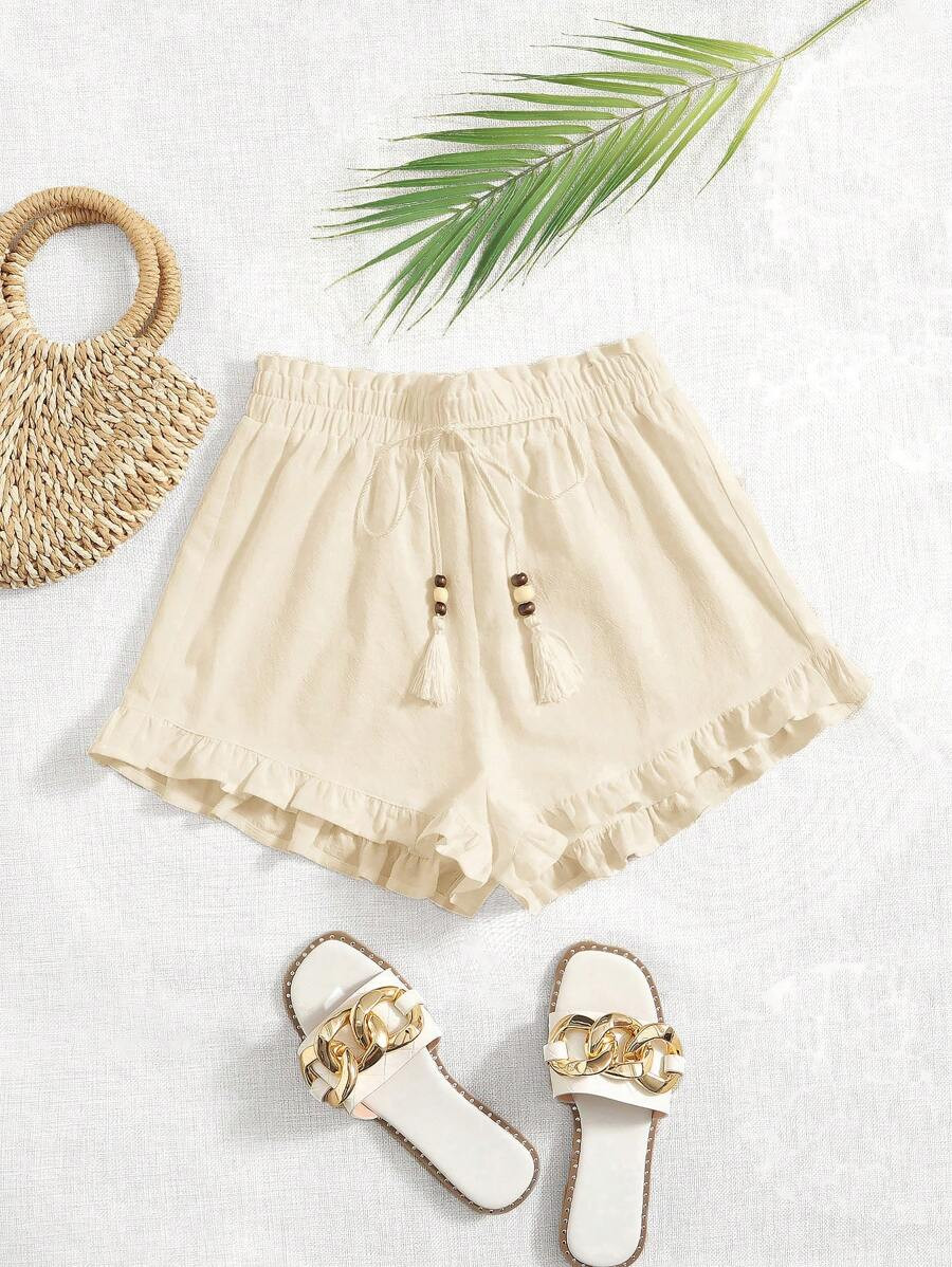 SHEIN VCAY Women Loose Shorts With Frill Trimmed, Tassel Tied Waistband And Ruffled Hem | SHEIN