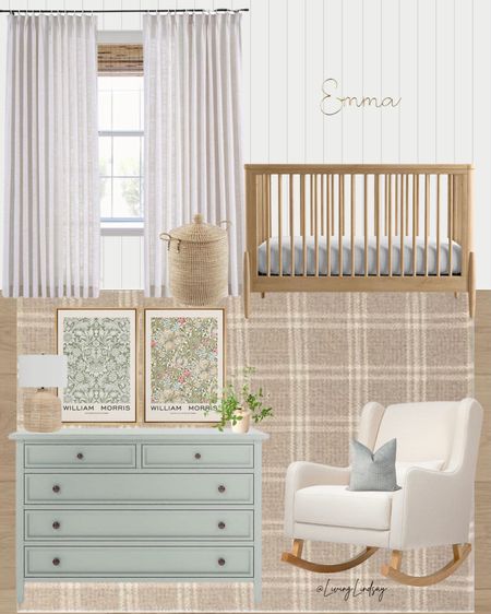 Neutral nursery, girl nursery, wood crib, shades of blue, simple nursery, rug, rocking chair, art 