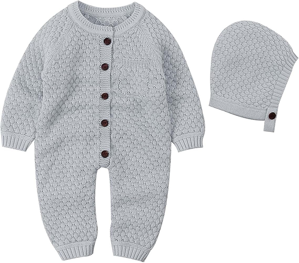 Newborn Baby Boy Girl Winter Clothes Knitted Sweater Romper Crewneck Solid Jumpsuit Hat Infant Fa... | Amazon (US)