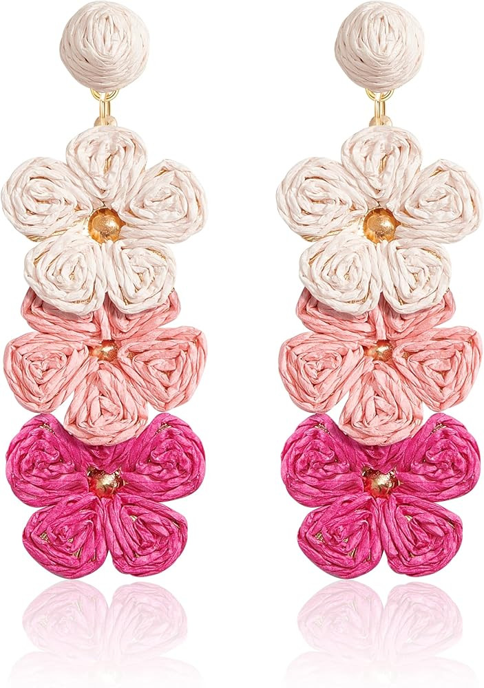 Summer Raffia Flower Earrings, Raffia Straw Wrapped Gradient Ramp Floral Statement Spring Beach R... | Amazon (US)