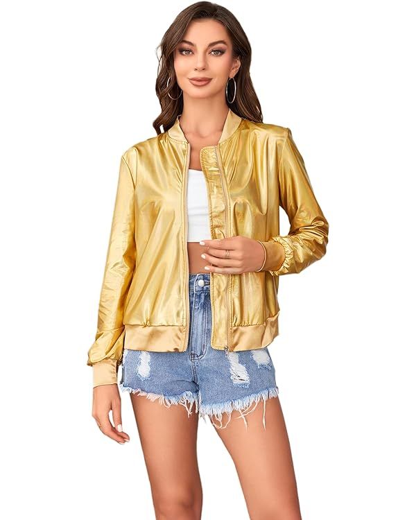 WDIRARA Women's Holographic Zipper Front Long Sleeve Baseball Bomber Jacket Outerwear | Amazon (US)