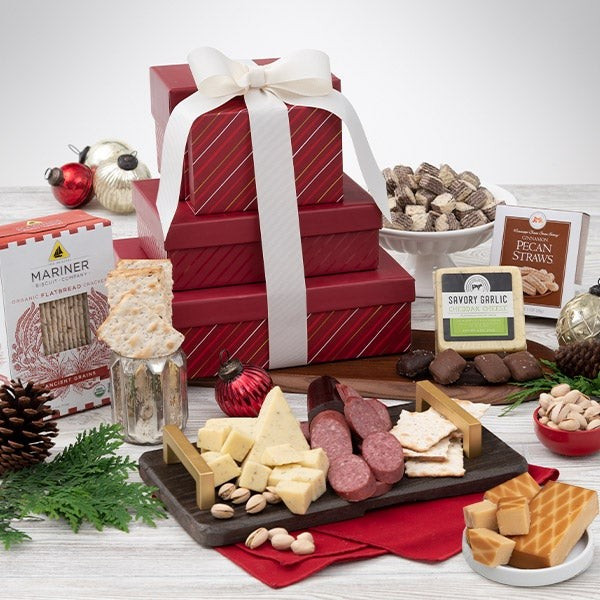 Happy Holidays Meat and Cheese Gift Tower | GourmetGiftBaskets.com