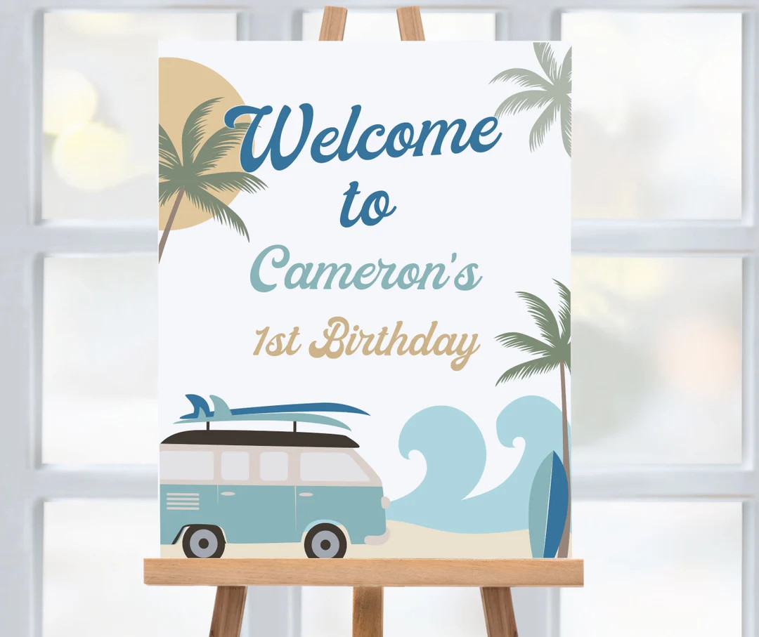 Surf Birthday Welcome Poster, Surfer 1st Birthday Sign, Corjl Editable Template, TBO | Etsy (US)