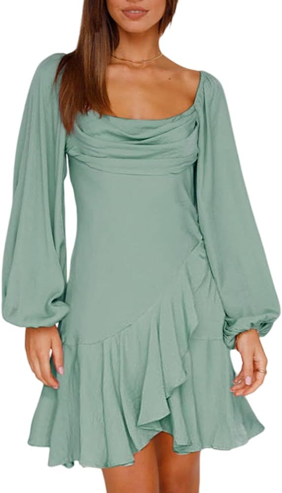 AlvaQ 2024 Fashion Dress for Women Holiday Party Wedding Long Sleeve Boho Mini Flowy Ruffle Dress... | Amazon (US)