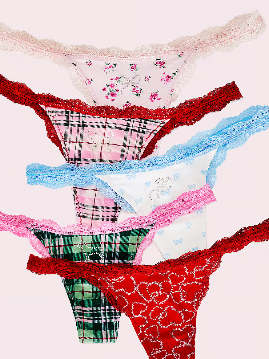 Buy PINK x LoveShackFancy Holiday Bling 5-Pack Thong Panties, Bling Graphic Pack - Order Panties ... | Victoria's Secret (US / CA )