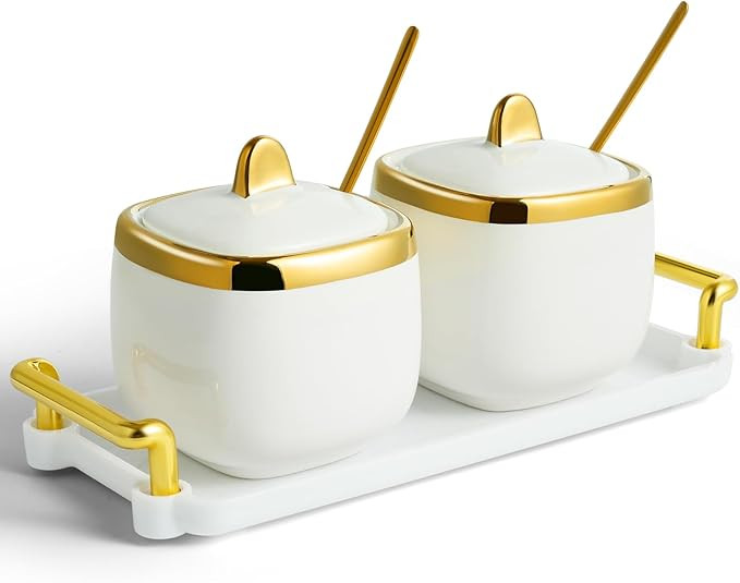 Ceramic Sugar Bowl 2 Pack, Porcelain Seasoning Jar with Tray, Spoon and Lid for Sugar, Pepper, Co... | Amazon (US)