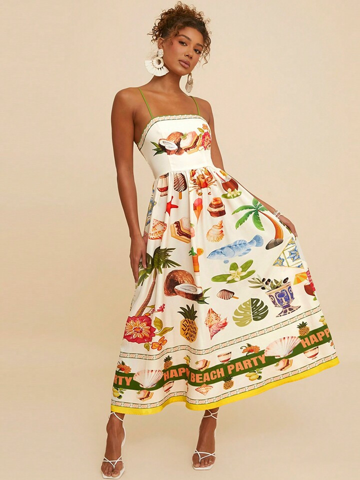 Travachic Vacation Tropical Plant Print Spaghetti Strap Long Dress For Women, Fall Women Dresses,... | SHEIN