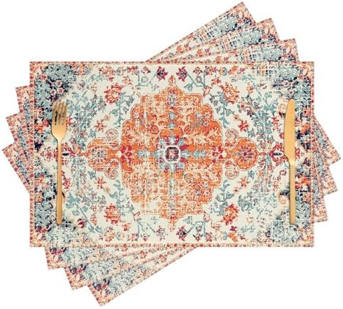 Boho Placemats Set of 4 Orange Blue Place Mats Indoor, Wipeable Cloth Linen Washable Heat Resista... | Amazon (US)