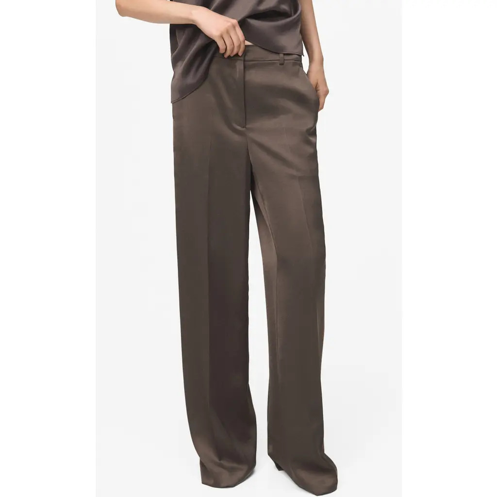 MANGO Straight Leg Satin Pants in Medium Brown at Nordstrom, Size 6 | Nordstrom
