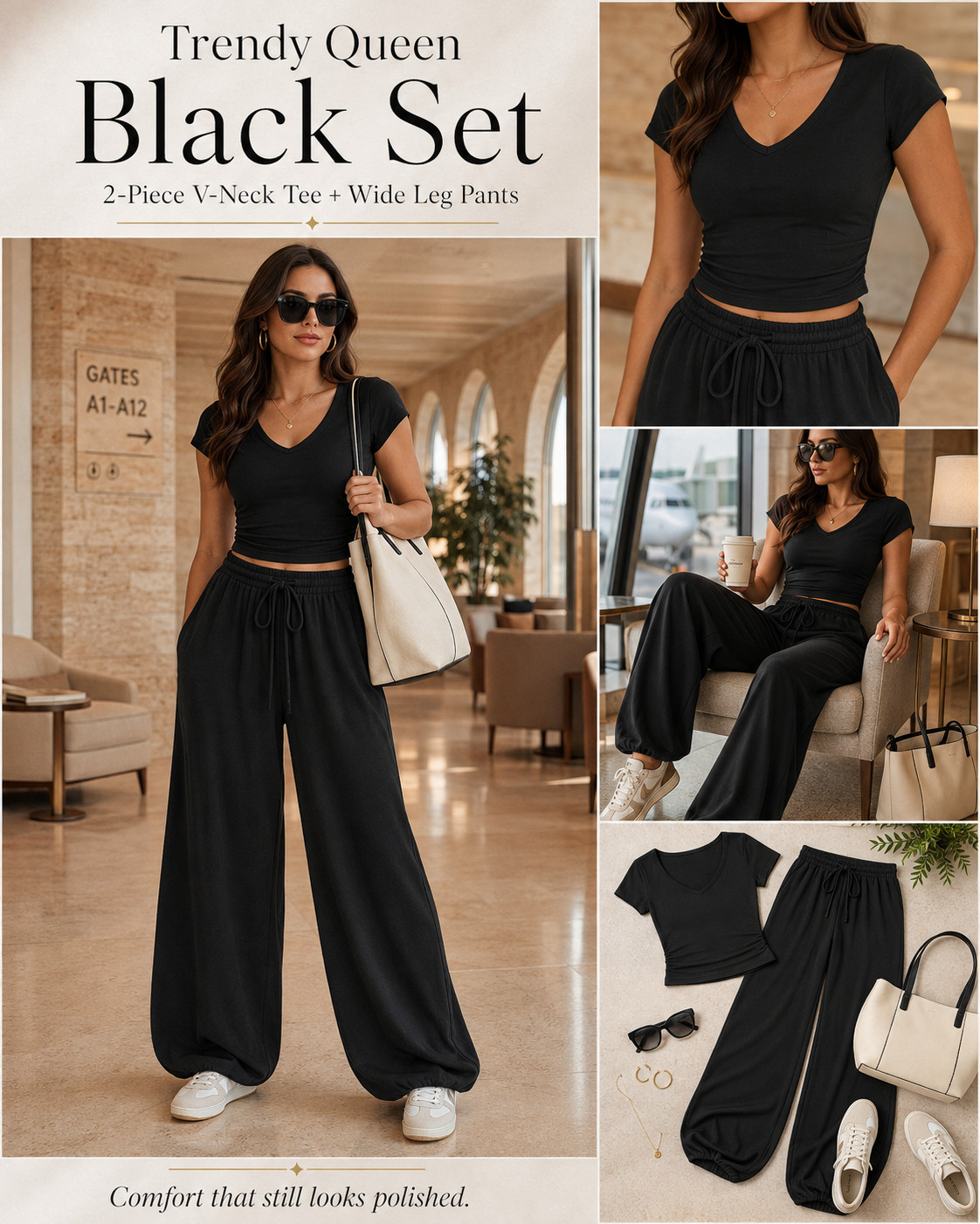 The black Trendy Queen matching set that makes airport comfort look sleek, polished, and instantly expensive. 🖤✨

This Trendy Queen 2-piece V-neck tee and wide-leg pants set is the effortless Amazon outfit you’ll reach for whenever you want maximum comfort without looking underdressed. 

The fitted V-neck top creates a flattering, streamlined shape, while the high-waisted drawstring pants fall into a relaxed wide-leg silhouette that gives you plenty of room to move.

The classic black color makes this matching lounge set incredibly versatile, flattering, and easy to style. 

Add white sneakers, gold jewelry, oversized sunglasses, and a structured tote for an elevated airport outfit—or layer it with a cardigan, denim jacket, or blazer for cooler travel days.

Perfect for flights, road trips, airport lounges, coffee runs, errands, casual weekends, working from home, and everyday athleisure. 

Wear the pieces together for a polished monochromatic outfit, then mix the V-neck tee and wide-leg pants separately with denim, tanks, sweaters, and other wardrobe basics.

This is the comfortable black matching set that solves the “what do I wear?” problem in seconds—and looks far more elevated than basic loungewear.

📌 SAVE this wear-everywhere Trendy Queen set before your size sells out!

Everything is linked! ↓

#LTKActive #LTKSaleAlert #LTKTravel