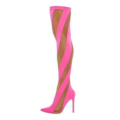 FSJ Women Sexy Pointed Toe Thigh High Boots Ladies Elastic Mesh Multicolor Over the Knee Boots Stretch Stiletto High Heel Long Nightclub Party Dress Shoes Size 10.5 Pink | Amazon (US)