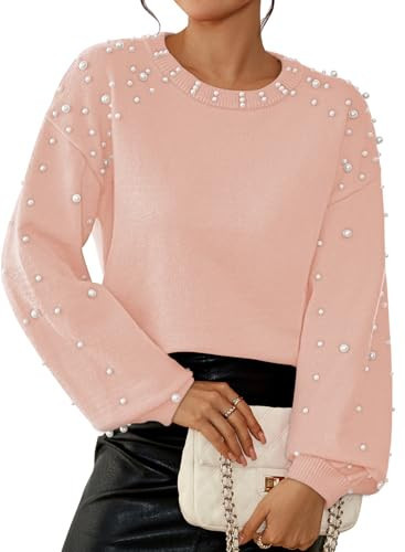 Pink Queen Women's Pearl Decorated Knit Sweater Elegant Puffy Long Sleeve Jumper Tops Round Neck Oversized Pullover Sweaters Spring Outfits Light Pink L | Amazon (US)