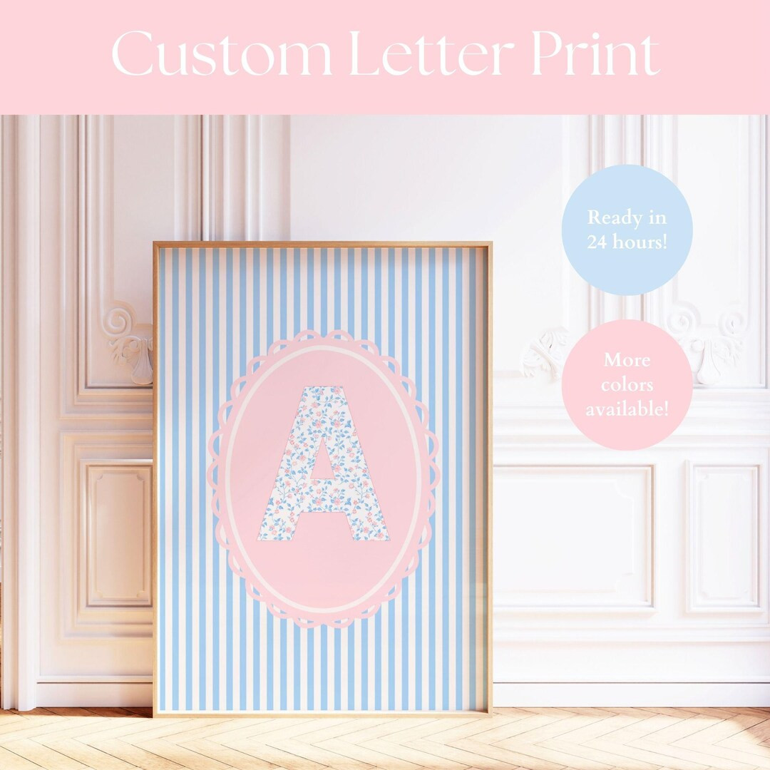Custom Letter Print Initial Dorm Wall Art Pink and Blue Nursery Art Girls Name Print Blue Striped... | Etsy (US)