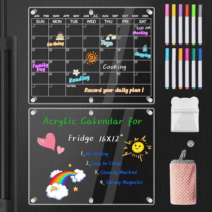 Acrylic Calendar for Fridge - 2 Set Magnetic Fridge Calendar Dry Erase Board Includes 12 Markers ... | Amazon (US)