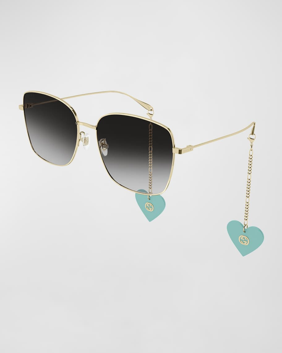 Gucci Oversized Square Metal Sunglasses w/ Heart Drops | Neiman Marcus