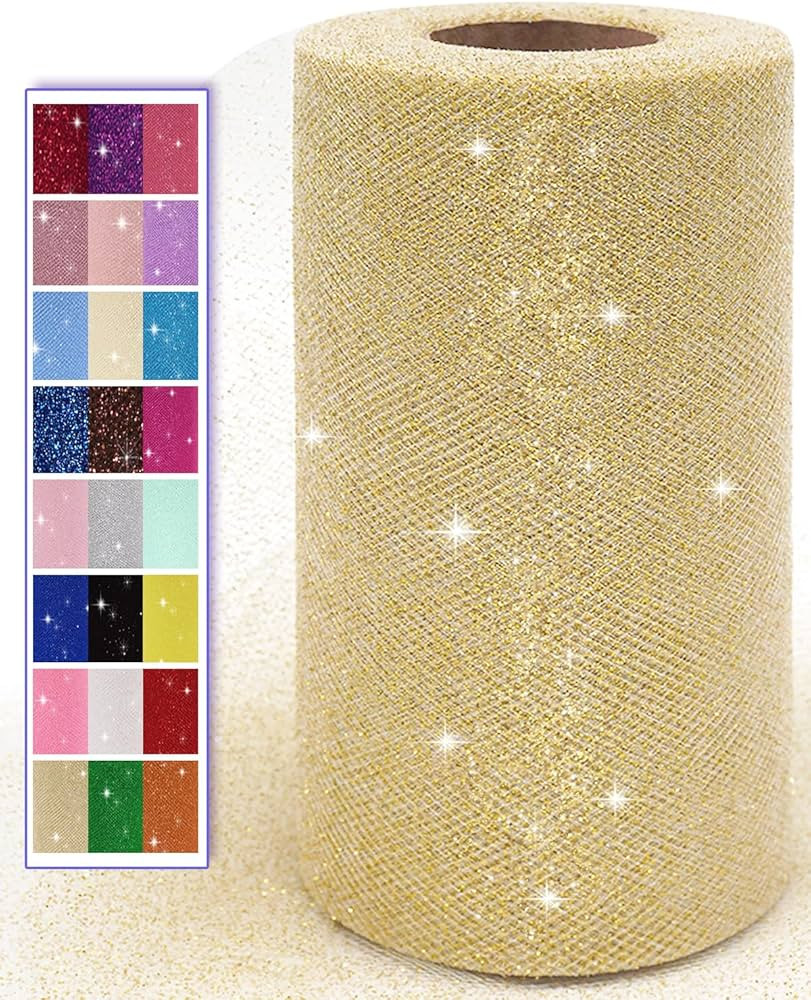 Glitter Gold Tulle Fabric Rolls, 6 Inch 50 Yards (150ft) Sparkling Spool Ribbon Sequin Netting fo... | Amazon (US)