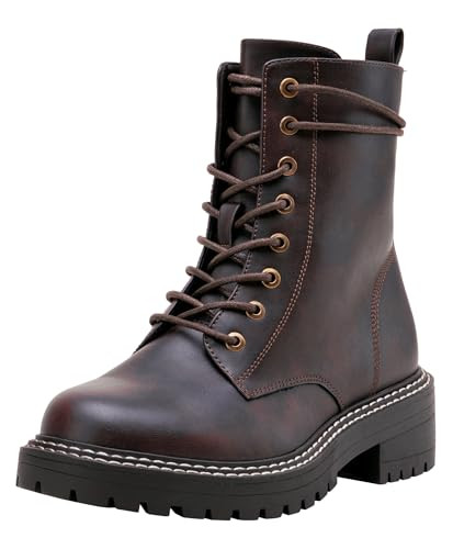 Jeossy Women's 9627 Combat Ankle Boots Low Heel Lace-up Booties with Side Zipper,Brown,Size 7.5M US-Low Heel(DJY9627 Brown 07.5) | Amazon (US)