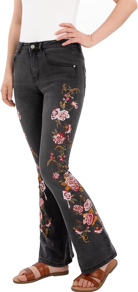 Women's Embroidered Bell Bottom Jeans Stretch Flared Fit Wide Leg Denim Pants | Amazon (US)