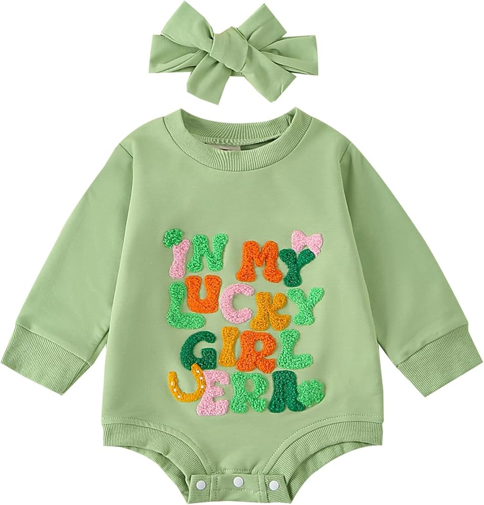 St. Patrick's Day Baby Girl Outfit In My Lucky Girl Era Romper Bodysuit with Headband Newborn Bir... | Amazon (US)