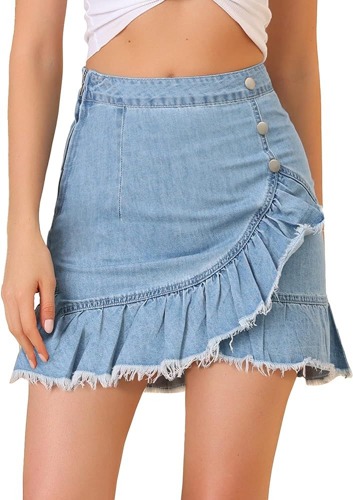 Allegra K Women's Ruffle Irregular Hem High Waist Lightweight Mini Jeans Denim Skirt | Amazon (US)