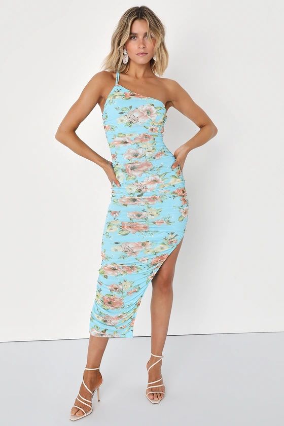 Serene Spring Blue Floral Ruched Mesh One-Shoulder Midi Dress | Lulus (US)