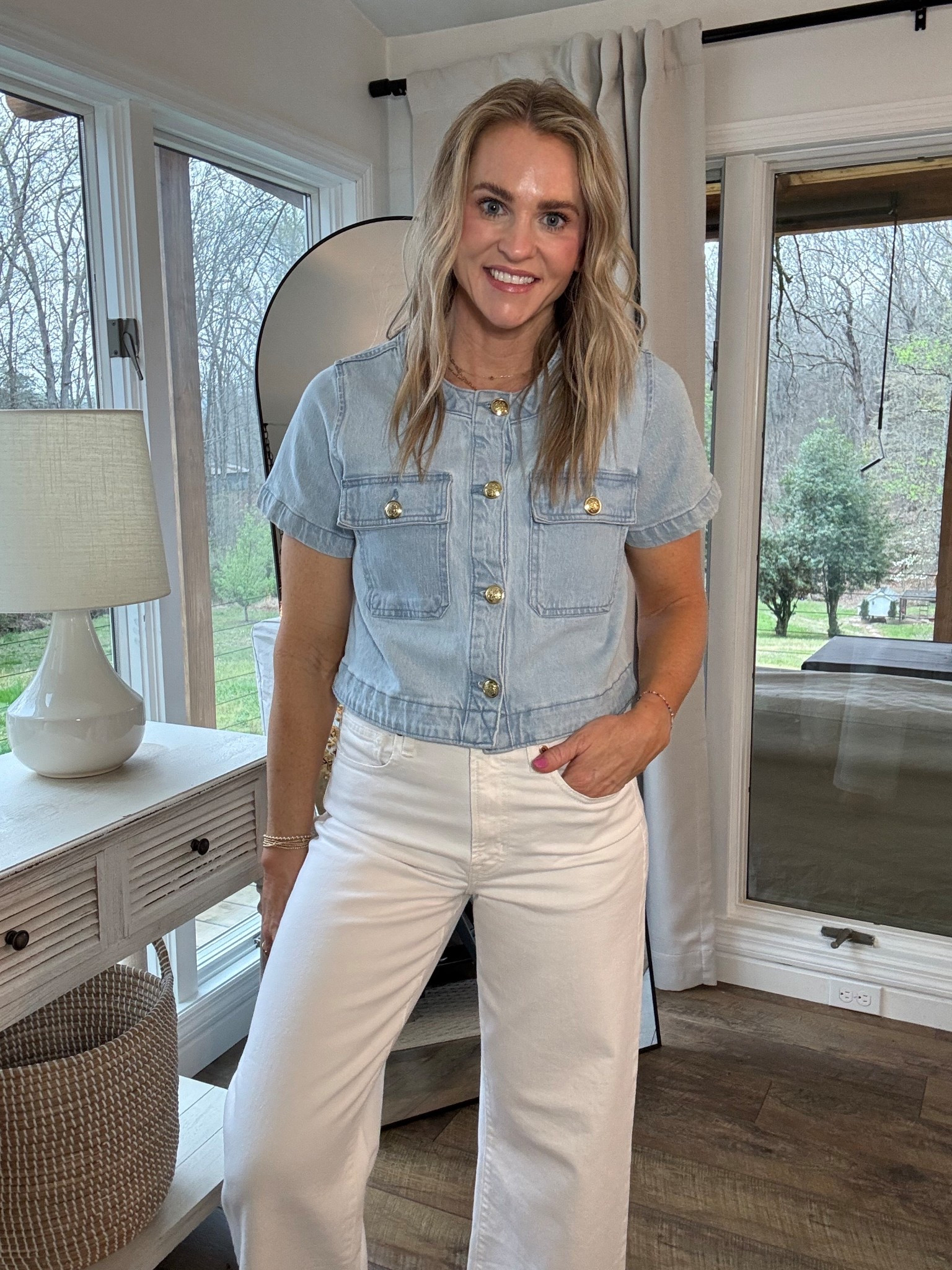 Can’t stop talking about these GAP white jeans🙌 truly perfection. 
5’7”/140 Size 6 long in jeans and small in Walmart jacket shirt. Love this combo! 

#LTKootd #LTKWorkwear #LTKTall