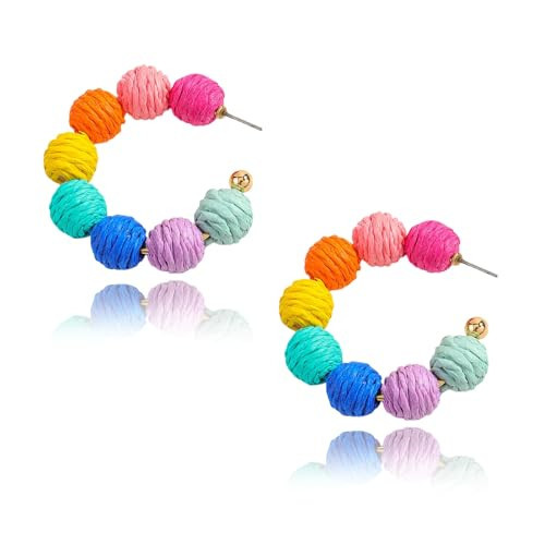 Colorful Raffia Ball Hoop Dangle Earrings for Women, Handwoven Boho Rattan Hoop Jewelry, Lightweight Summer Beach Vacation Statement Accessories | Amazon (US)