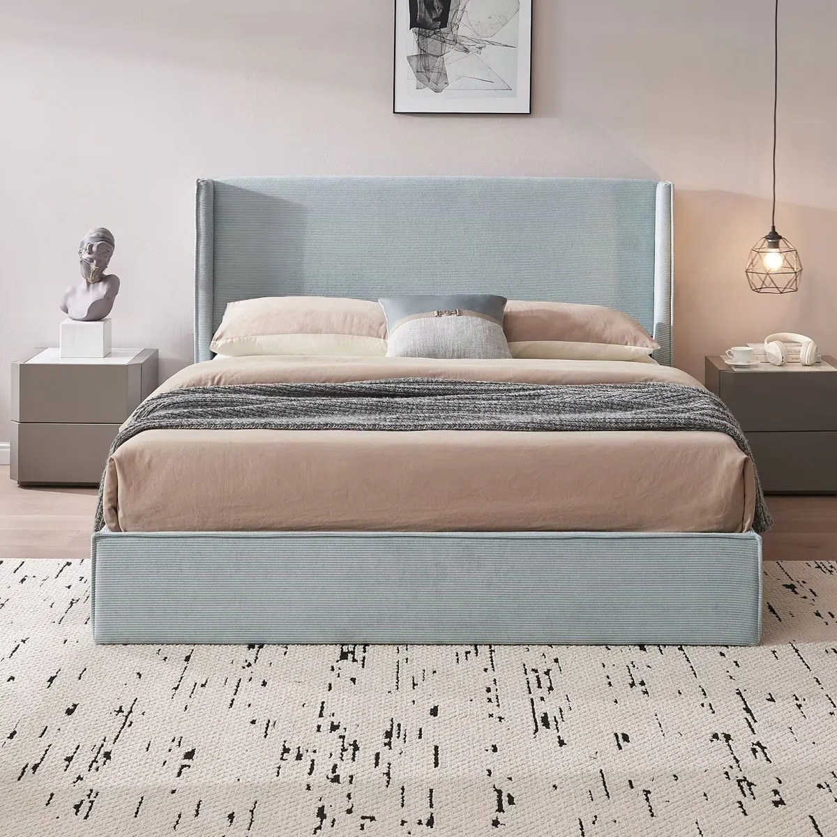 Classic Wingback Upholstered Bed with Lift-Up Storage, Queen, Light Blue Corduroy | Wayfair North America