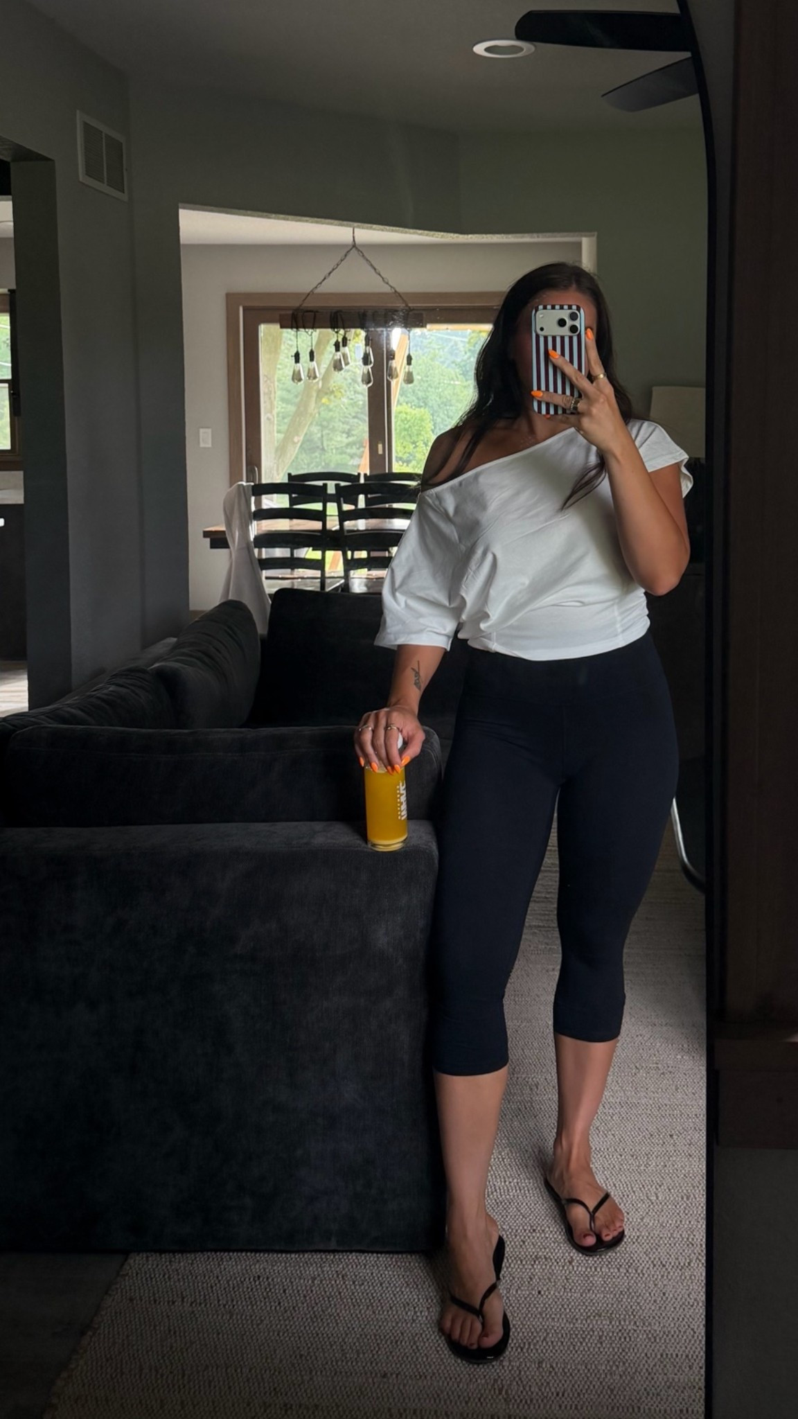 Hair day outfit check! Capris, trending outfits, casual outfit idea, summer outfit, capri leggings, white top, off the shoulder top, flip flops, y2k outfit, amazon prime day

#LTKootd