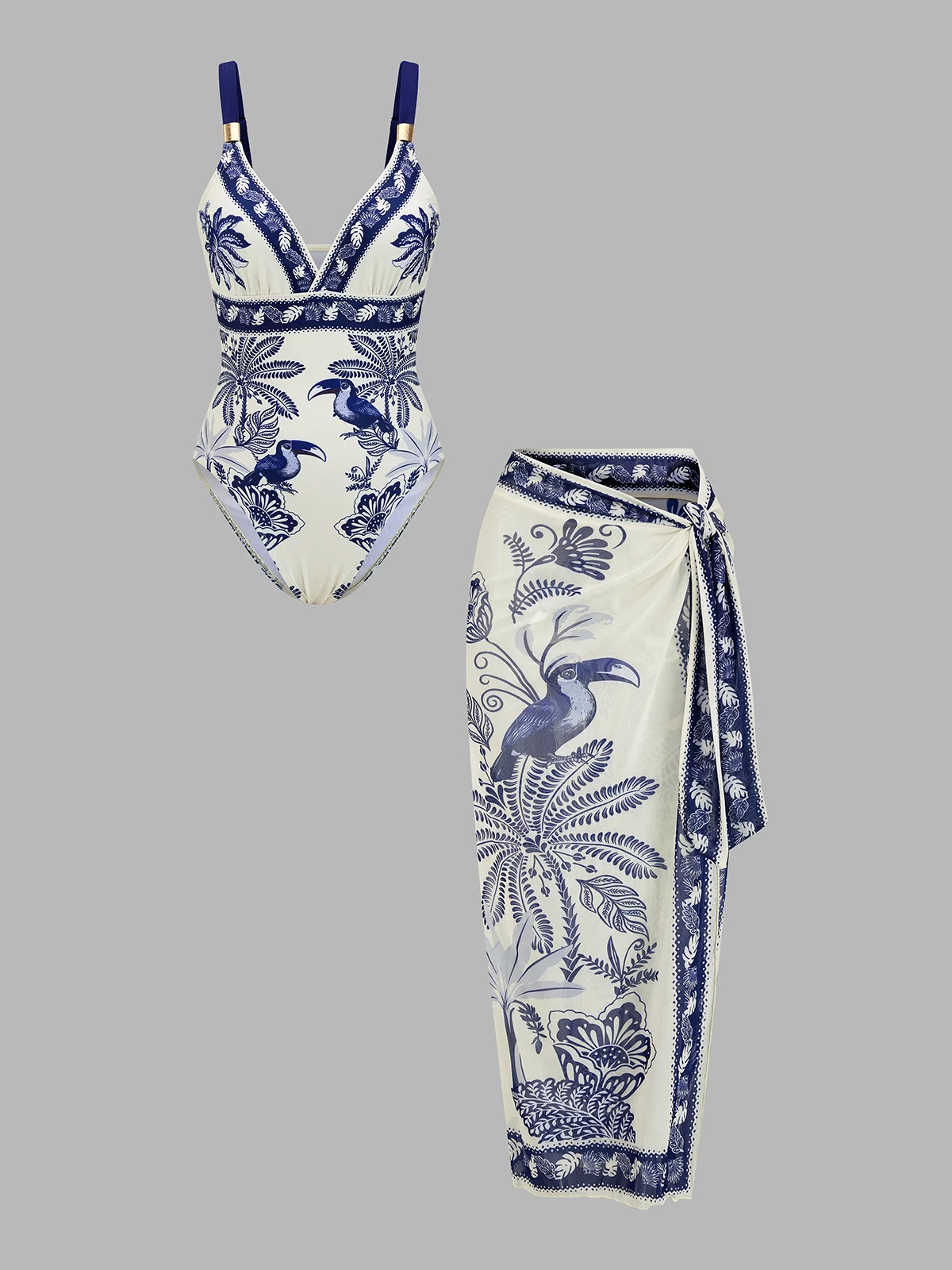 Tropical Toucan Print One Piece Swimsuit & Sarong Set | Commense