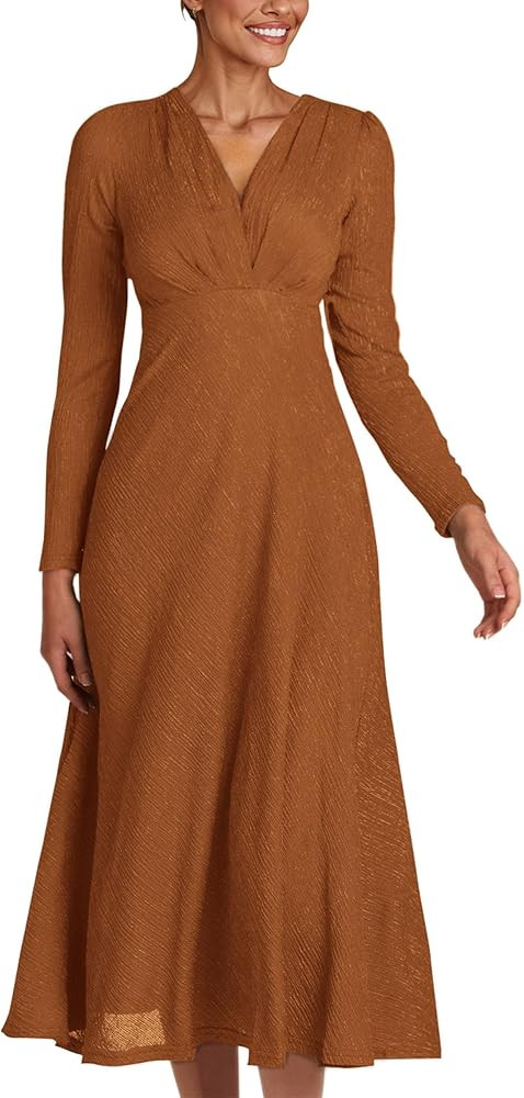 PRETTYGARDEN Women's 2023 Fall Midi Dress Casual Long Sleeve V Neck Cocktail Party A Line Flowy D... | Amazon (US)