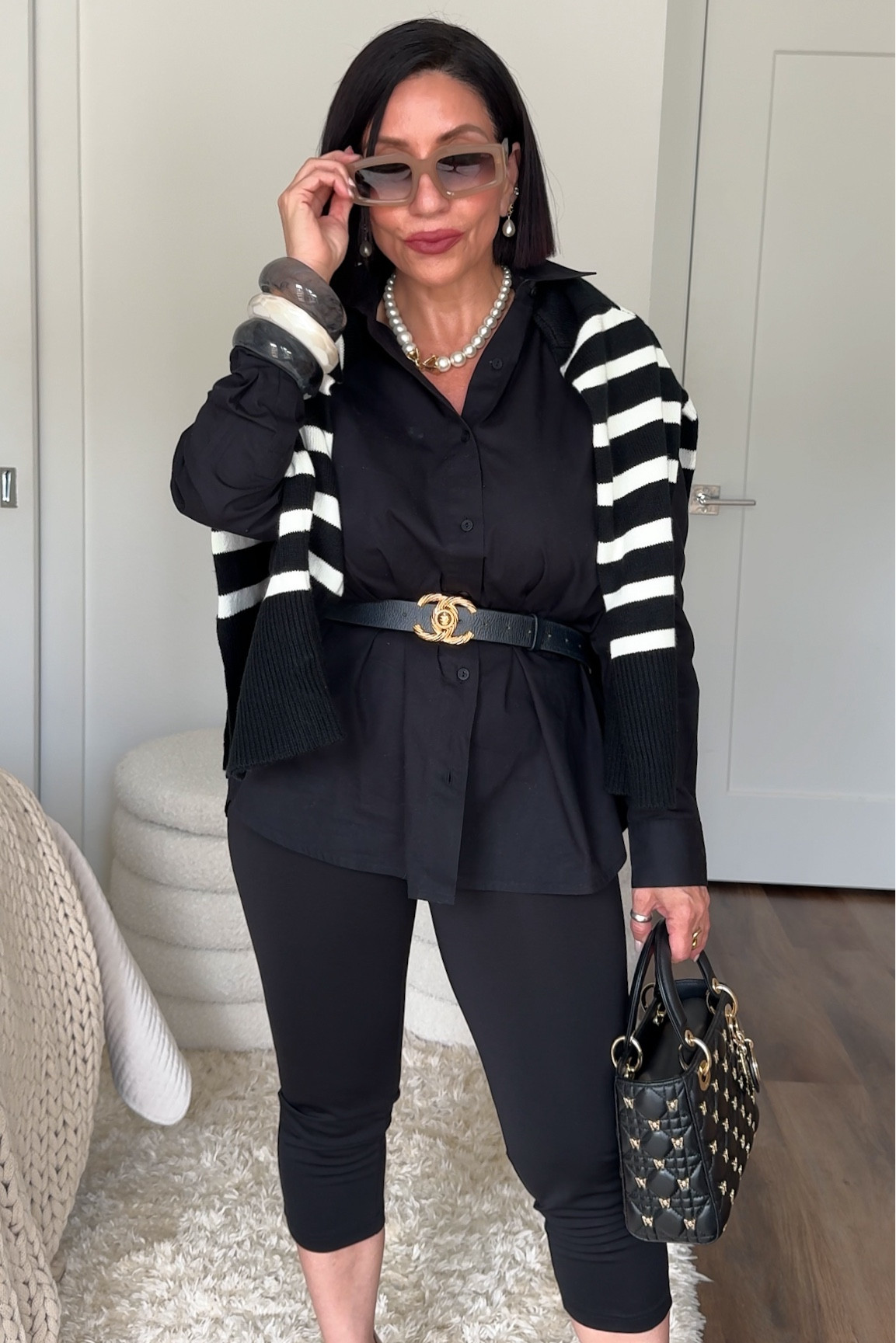 Let’s Style 
Black Button Down
Black Capris 
Striped Sweater
Nude Heels 
Chanel black and gold belt 
Rms beauty lip 
Pearl necklace 

#LTKStyleTip #LTKOver40 #LTKBeauty