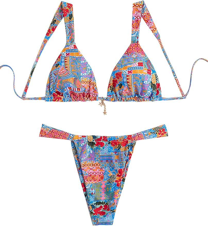 Women's 2 Piece Floral Tropical Print Bikini Set Boho Triangle Bathing Suit Tie Backless Swimsuit... | Amazon (US)