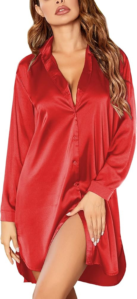 Ekouaer Satin Nightgown for Women Button Down Silk Sleepshirts Sexy V Neck Night Gown Long Sleeve... | Amazon (US)