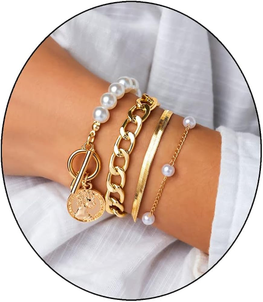 FUTIMELY Gold Pearl Bracelet for Women,Layered Chain Link Pearl Stack Bracelet Set for Woman,Herr... | Amazon (US)