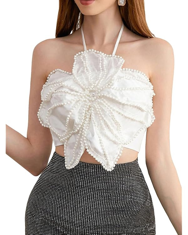 Women's Solid 3D Flower Peal Beaded Halter Top Asymmetrical Hem Sleeveless Drawstring Backless Ta... | Amazon (US)
