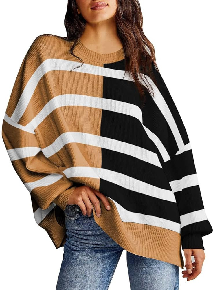 Pink Queen Women's Fall Oversized Striped Sweater Crew Neck Batwing Long Sleeve Ribbed Knit Pullo... | Amazon (US)